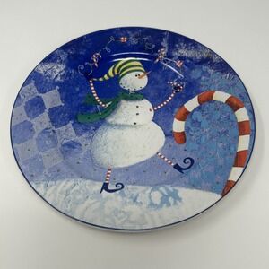 Snow Pals by Oneida Salad Plate Snowman & Candy Cane Blue Background Stoneware